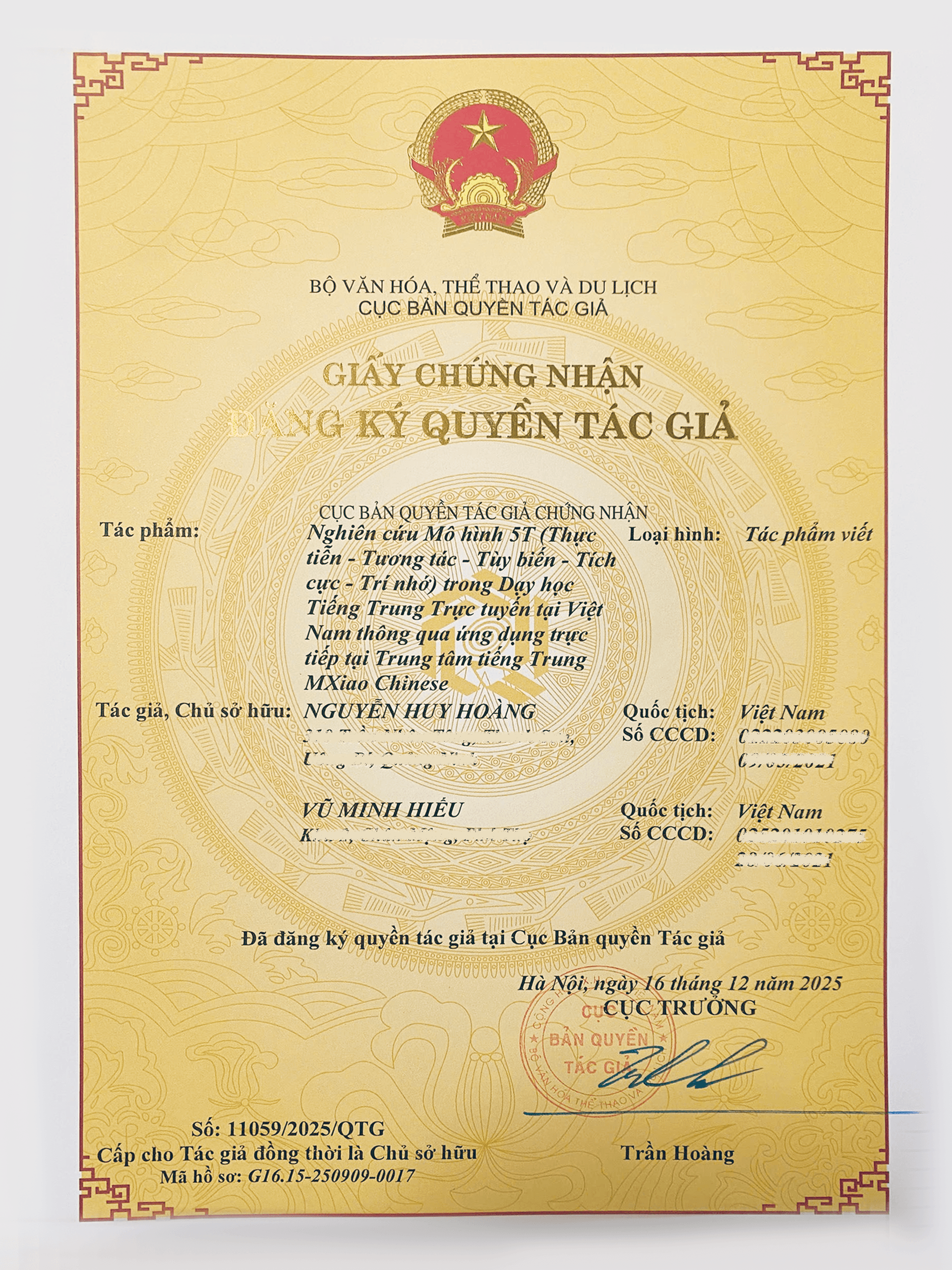 Chứng nhận độc quyền bởi Cục Bản quyền Tác giả