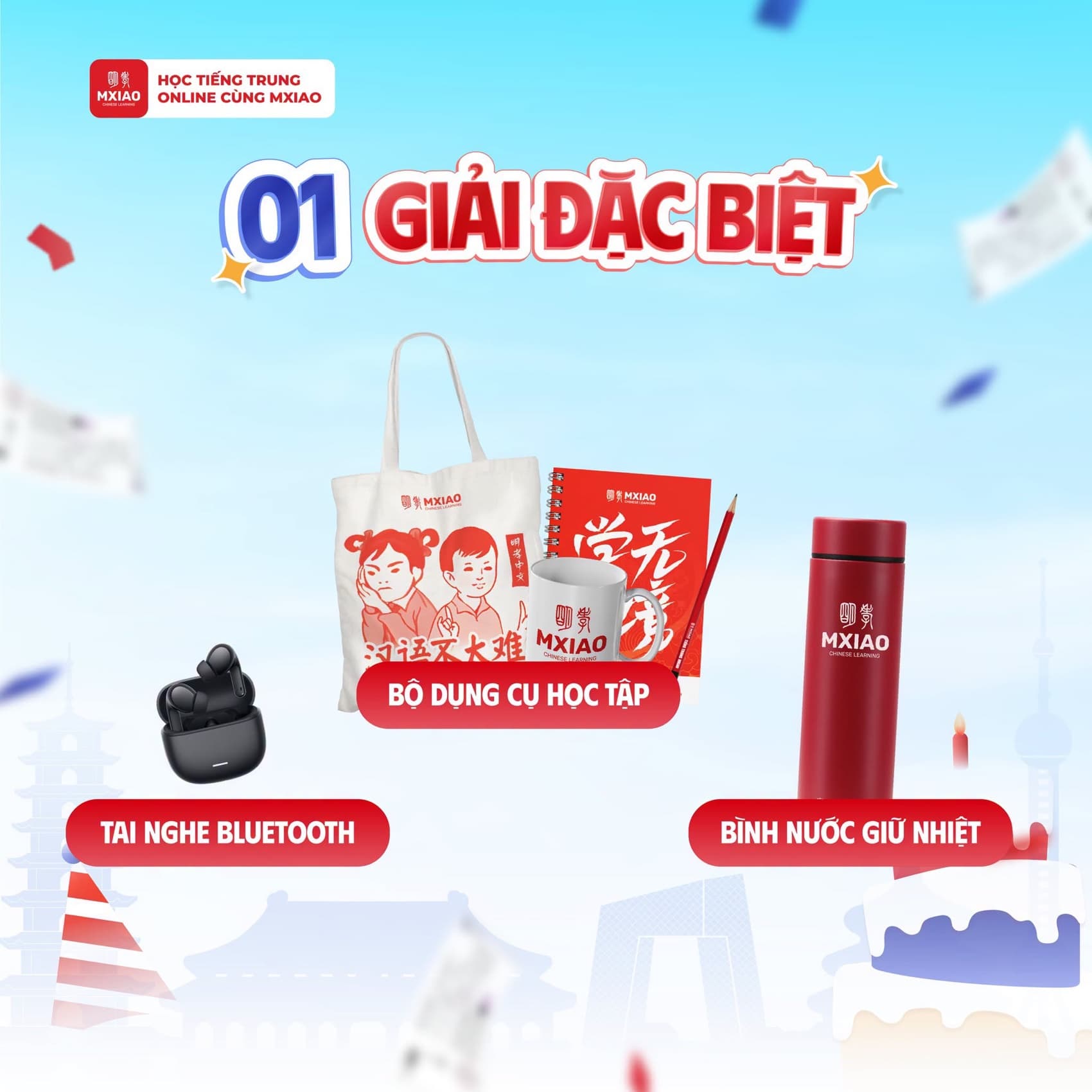 Giải đặc biệt gồm tai nghe Bluetooth, bình nước giữ nhiệt và bộ dụng cụ học tập